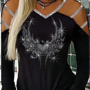 Stylish Women's Label Sexy Off-Shoulder T-Shirt Long Sleeve Valentine's Day Heart Glitter Top