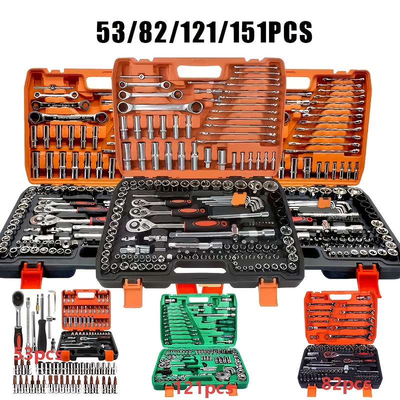 53/82/121/151PCS Heavy Duty Socket Set, (5/16 Inches to 3/4 Inches) And Metric (8 to 22mm) 1/2*1/4 Size, 6-point Design, Including Ratchet Handles, Extension Rods And Joints. Suitable for Automotive, Marine, Motorcycle Maintenance Kits - Image 2