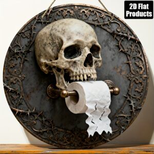 2D Flat, Round Wooden Board Decorative Sign, 1pc, Gothic Skull with Toilet Paper Holder Design Theme, Suitable for Bar, Kitchen, Cafe, Home, Living Room, Office Decor, Home Decoration, Holiday Gift, 8x8 Inches, 2D Flat