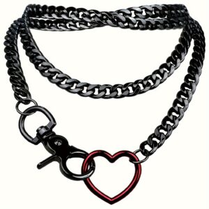 [Vintage Cuban Chain] Vintage Y-Shaped Cuban Chain Necklace | Heart Keychain, Black & Red, Hip-Hop Trend Collar, Layered Design for Cosplay & Roleplay, Cosplay Accessory | Durable Alloy