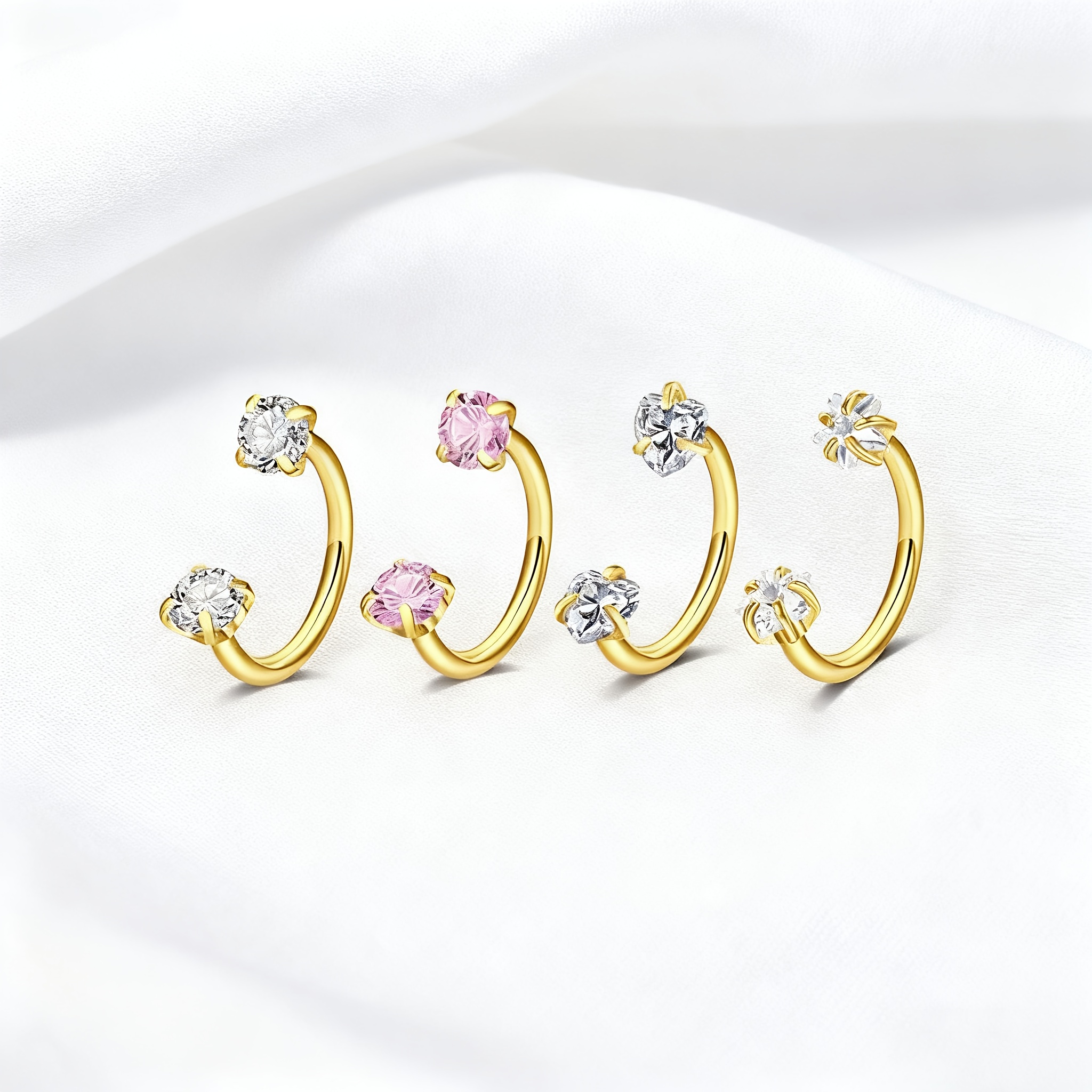 4pcs of Stylish And Minimalist Stainless Steel Circular Heart Star CZ Zirconia Horseshoe Nose Rings with Internal Thread Design, Suitable for Multiple Piercings, Perfect for Nasal Cartilage, Ear Screens, And Lips. - Image 4