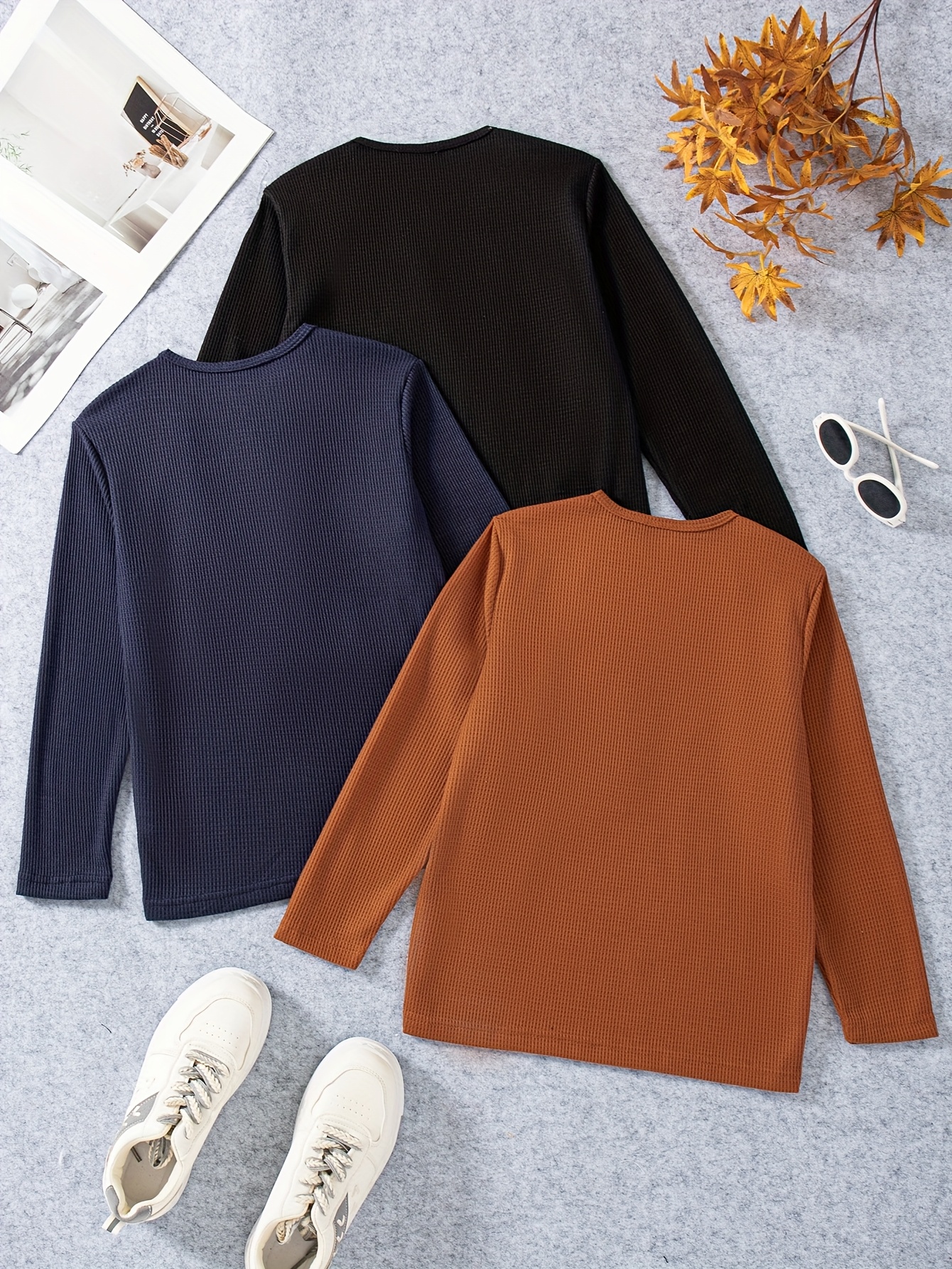 3pcs boys' solid color knitted plaid soft and comfortable long sleeved round neck top, boys' fashionable contrasting color placket button decoration long sleeved pullover - casual round neck, soft polyester blend, suitable for spring and autumn - Image 2