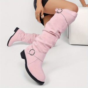 Women's Classic Fashion Double Buckle Design Pleated Stack Boots, Comfortable Warm Thick Sole Plush Lined Soft Versatile Commuter Boots