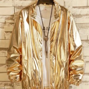 Men'S Fashion Party Nightclub Style Golden, Silver, Purple Bomber Jacket | Stand Collar, Zipper Closure, Lining, Long Sleeves, Pockets