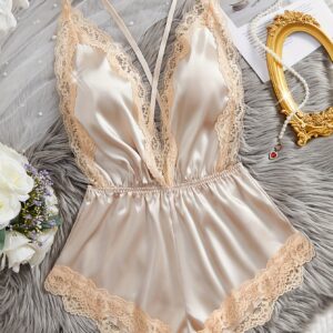 [Sexy Night Romper] Sexy Satin Lace Trim Night Romper | Deep V Neck Backless Cami Bodysuit - Women's Hot Sleepwear