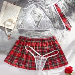 New Style College Plaid Uniform Set with Floral Lace Bra, Sexy Thong, And Red Plaid Skirt, a Four-Piece Women'S Role-Playing Outfit.
