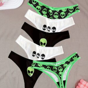 6pcs Women'S Skull Print Thongs - Comfortable, Breathable, and Stylish for Halloween, Black, White, Green, and Black with Skull & Floral Design, Romantic Style, Halloween Accessories|Skull Print Thongs|Breathable Material