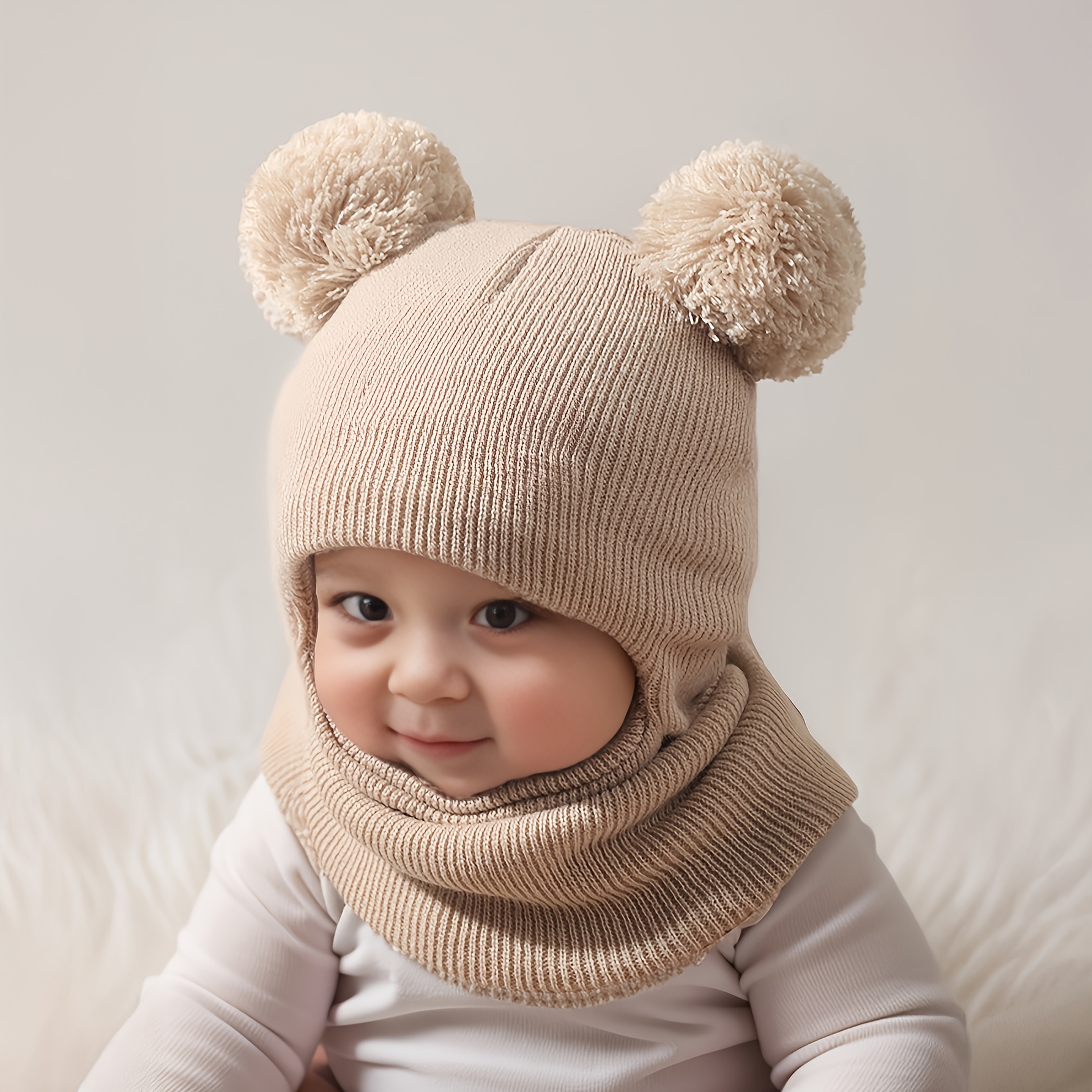 1pc Comfortable Hat with Pom-Pom And Neck Warmer | Soft Stretch Knit Winter Hat, White with Black Stripes, Ideal for Autumn And Winter, Casual Wear, Holiday Gift, Lightweight Acrylic Fabric. - Image 2