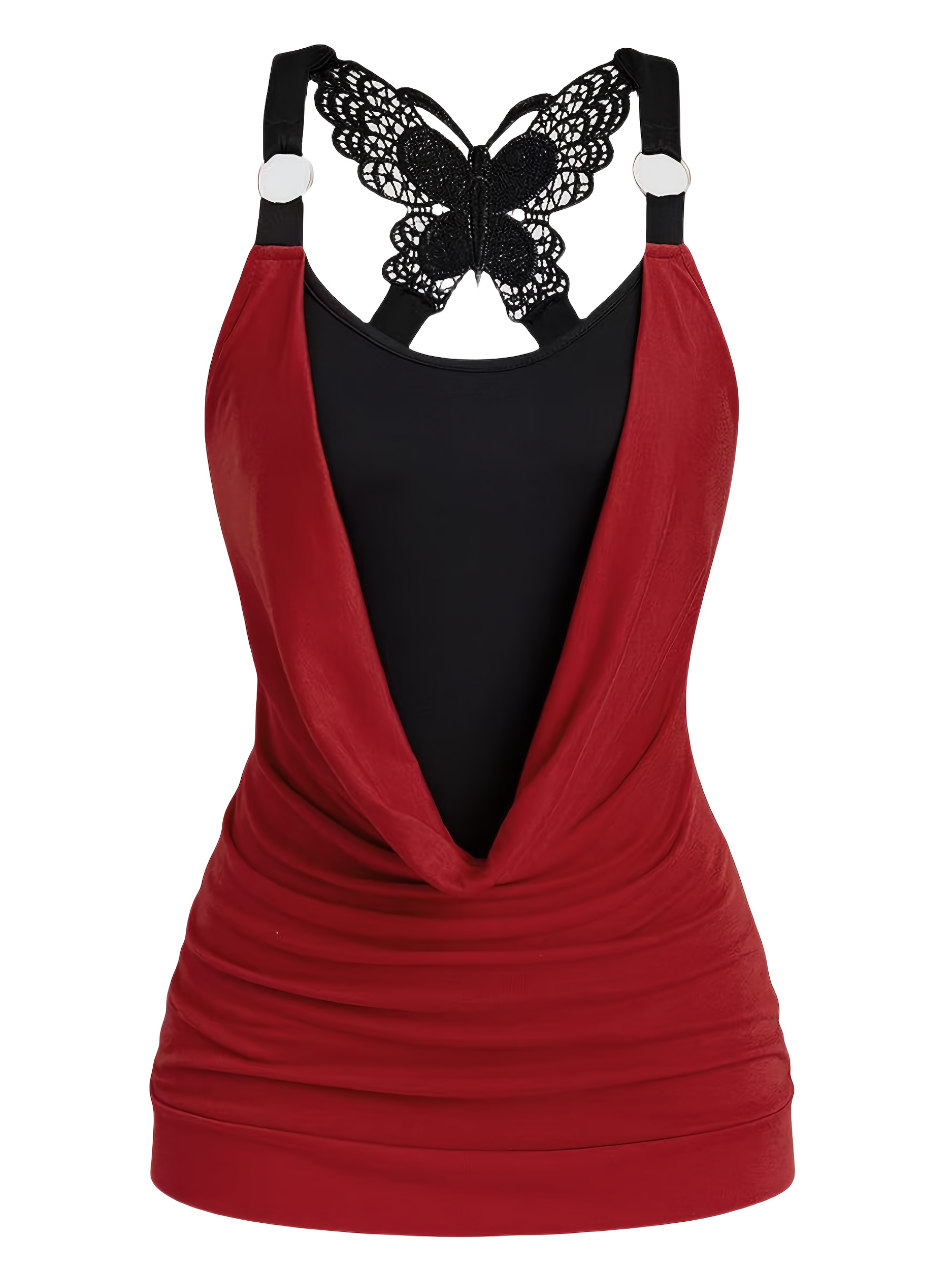 Women's Elegant Contrast Color O-Neck Halter Neck Sleeveless Top with Butterfly Back Detail - Lightweight 180gsm Polyester, Semi-Sheer Summer Blouse, Machine Washable - Image 4