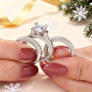 [3pcs Moissanite Bridal Set] 3pcs Sterling Silver Halo Moissanite Bridal Set | Princess Cut Ring Set for Engagement Wedding Band, Anniversary Promise, Valentines Jewelry Gift with Box, For Teenager