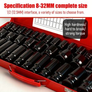 35/15/10pcs 1/2" Drive Deep Impact Socket Set Axle Hub Nut 6-Point Metric 8-32mm Cr-Mo Steel Heavy Duty Sockets Tool Set For Vehicle Repair Maintainance