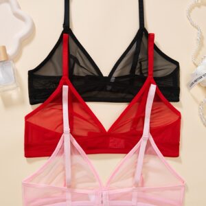 3pcs French Style Wire-Free Women'S Underwear, Sexy Breathable Mesh Triangle Bra for Daily Wear and Private Parties, Comfortable Supportive Push-Up Bra with Removable Pads, Bra And Panty Sets for Women, Lace Bralettes, Bra And Panties