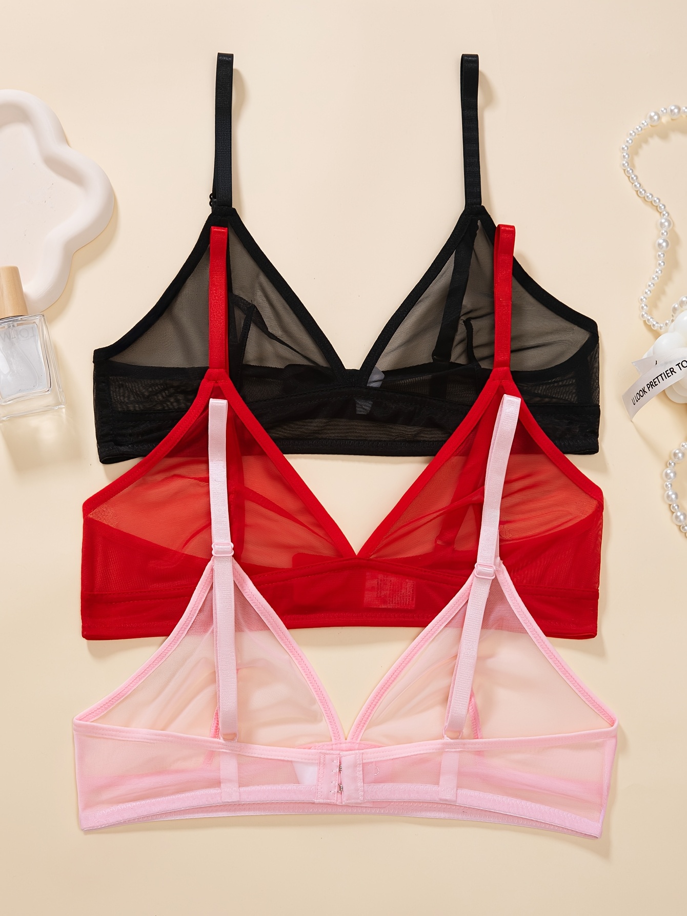 3pcs French Style Wire-Free Women'S Underwear, Sexy Breathable Mesh Triangle Br…