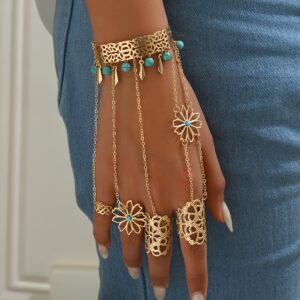 A Golden Hollow Patterned Bracelet Ring with Blue Faux Turquoise Tassels And Hollow Metal Designs, Embodying a Bohemian Vacation Style.