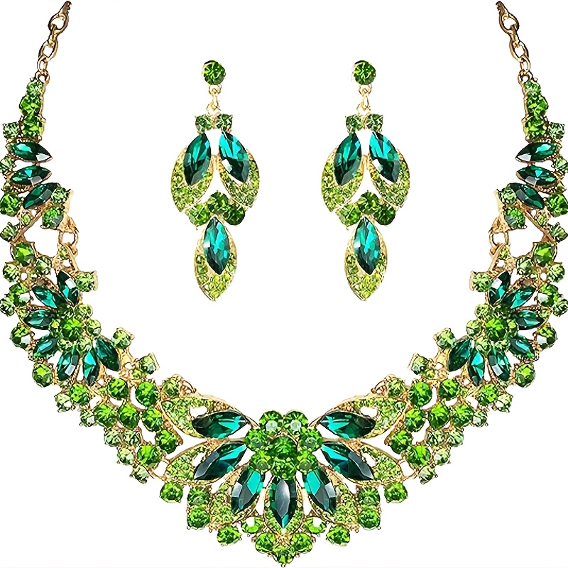 18k Golden Plated Green Vintage Necklace And Earrings 2pcs Set - Graduation Ann…