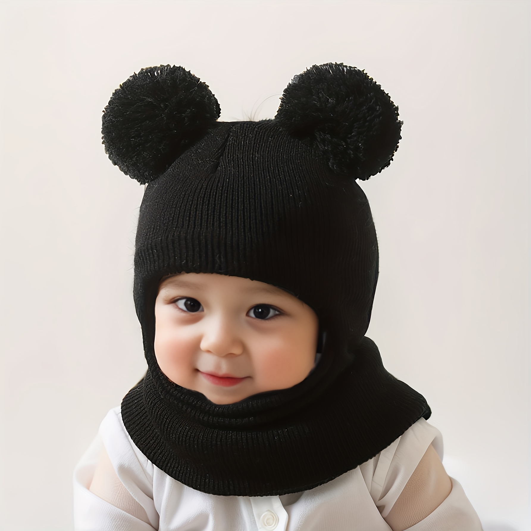 1pc Comfortable Hat with Pom-Pom And Neck Warmer | Soft Stretch Knit Winter Hat, White with Black Stripes, Ideal for Autumn And Winter, Casual Wear, Holiday Gift, Lightweight Acrylic Fabric. - Image 3