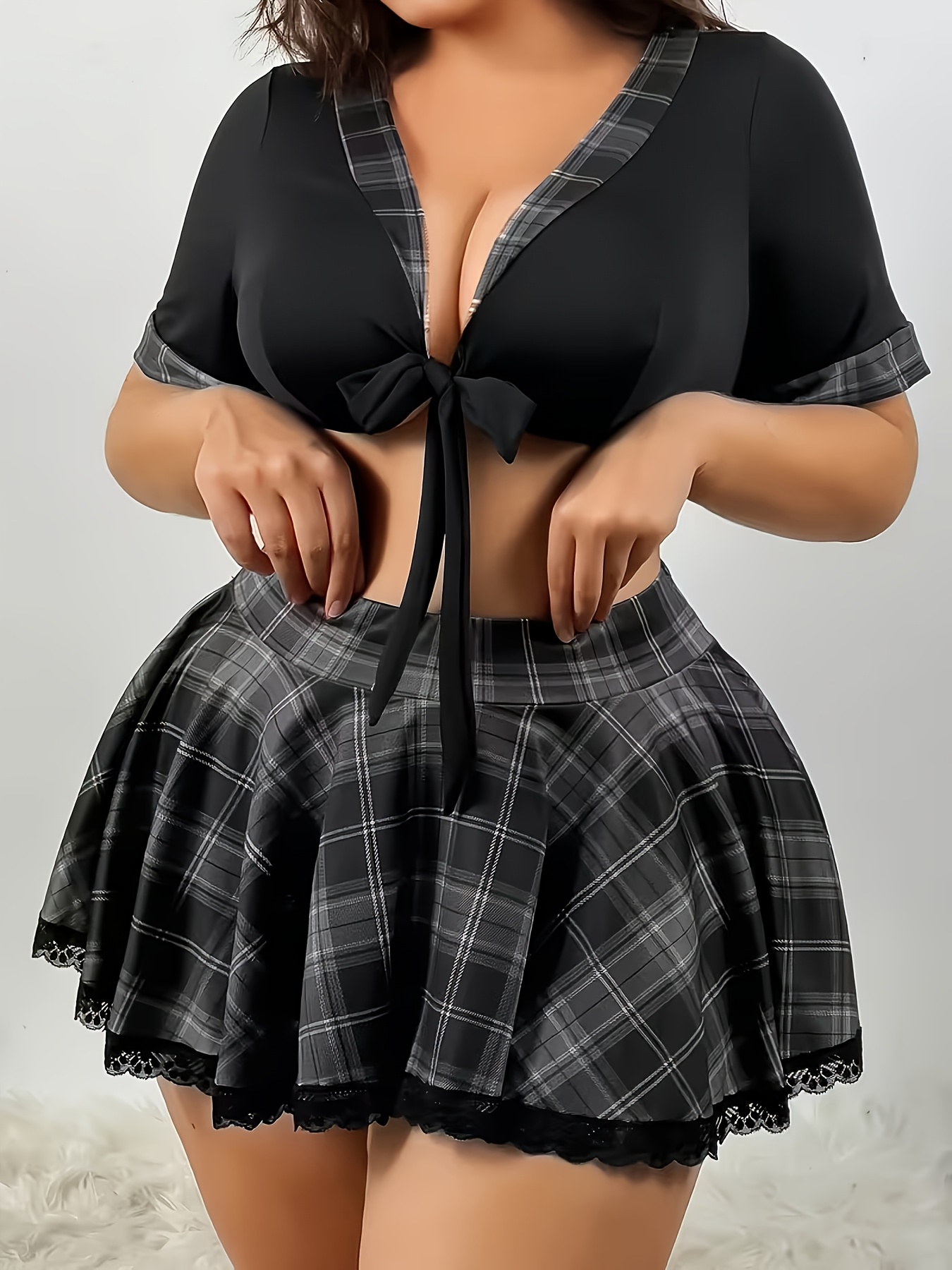 Bestselling Plus Size Valentine's Day Gift, Romantic Choice Bowknot Trim Plaid Theme Outfit Uniform Cosplay Set Creates An Intimate Atmosphere A Surprising Gift for Enhancing Mood Fully Showcases Comfortable Sexy Charm - Image 2