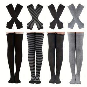 Striped Knee-High Socks with Knit Sleeves and Fingerless Gloves | Polyester and Polyamide, Ideal for Vacation and Party Outfits, Hand Wash Only, For Teenager