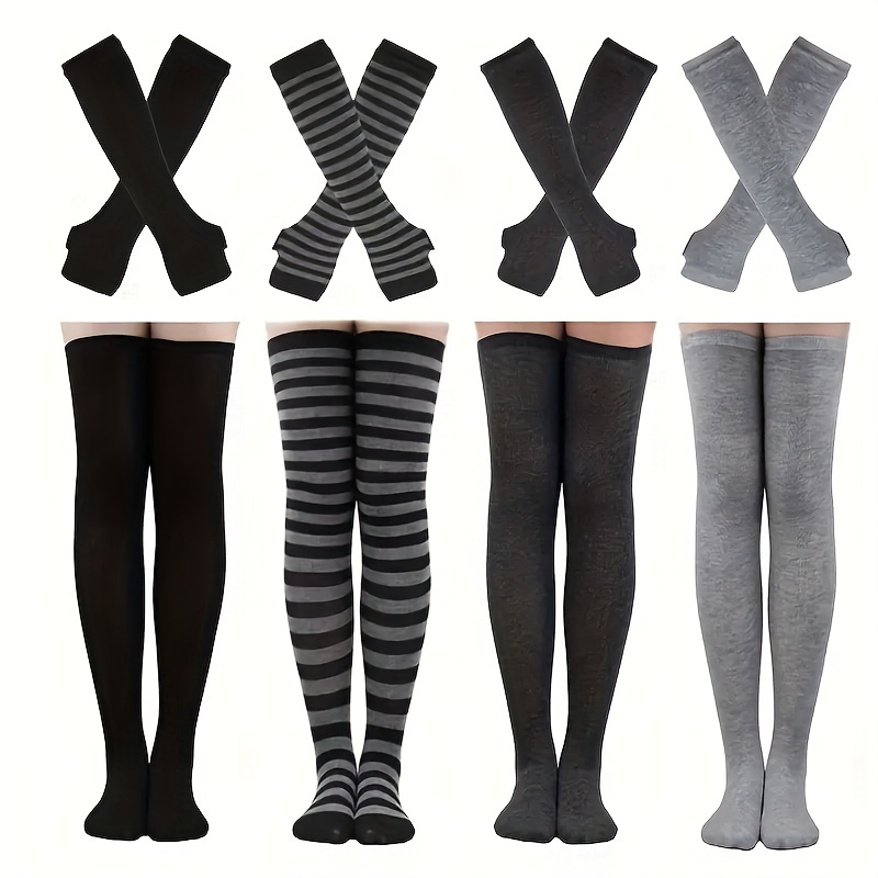 Striped Knee-High Socks with Knit Sleeves and Fingerless Gloves | Polyester and Polyamide, Ideal for Vacation and Party Outfits, Hand Wash Only, For Teenager