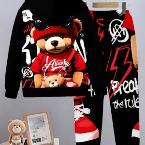 [2pcs Boys' 3D Print Set] 2pcs Boys' 3D Print Hooded Sweatshirt & Pants Set - Red & Bear Graphic, Long Sleeve Pullover with Pockets, Regular Fit Casual Outdoor Wear for Spring/Fall, for Outdoor, Spring Fall Clothing, Playful Design, Durable Fabric