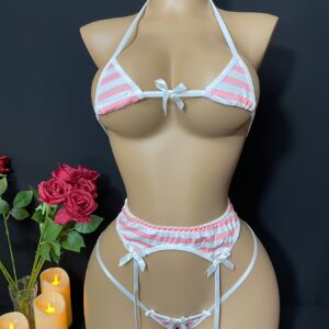 Women's Striped Beach Bikini Lingerie Set with Garter Straps - Ultra- Intimate Three-Piece Swimsuit