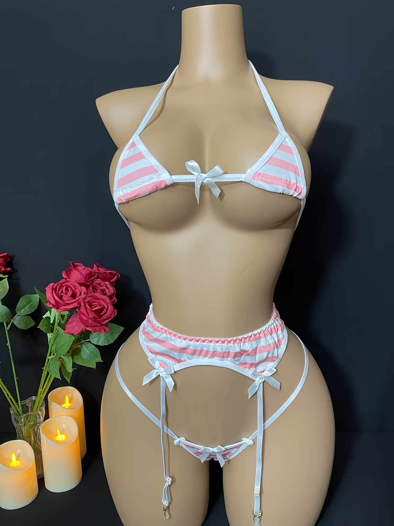 Women's Striped Beach Bikini Lingerie Set with Garter Straps - Ultra- Intimate…