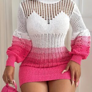 Women's Elegant Gradient Semi-Sheer High Neck Dress - Long Sleeve Fitted Wedding Guest Gown with Ombre Color Transition, Hand Washable Special Occasion Dress