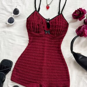 [Party Suitable] Women's Vacation Texture Cut-Out Bow Detail Contrast Shoulder Straps Unitard | Fashionable Base Layer or Outerwear, Party Suitable, All-Season Wear