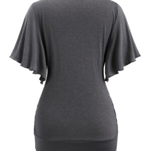 [Plus Size V-Neck T-Shirt] Plus Size Women's V-Neck Ruched T-Shirt | Summer Casual Stretch Top with Metal Chain Accents, Machine Washable Elegant Solid Color Blouse for Casual Attire, Workwear Fashion, Texture Fabric