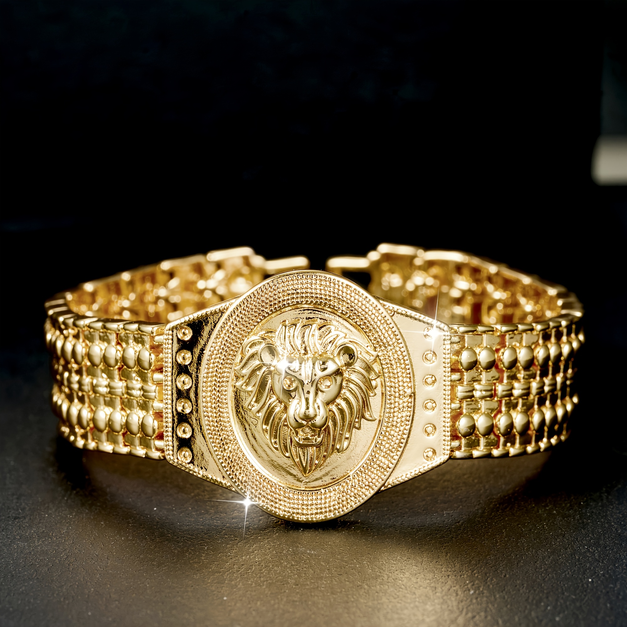 1pc Men's Lion Head Bezel Bracelet - Synthetic Lion Head, Lion-Themed Jewelry Gift for Parties, Music Festivals & Mardi Gras - Year-Round Wearable for Events/Casual Outfits (Lion's Head) - Bezel) - Image 3