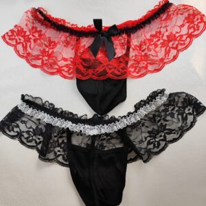 2pcs Men Sexy Lace Underwear, Hollow Thongs, Lace Skirt, Cross Dressing Lace Briefs