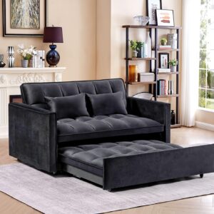 54-Inch Black Velvet 3-In-1 Convertible Sleeper Sofa Bed, Futon Couches for The Living Room Featuring a Side Pocket | Adjustable Backrest | Velvet Material | Pull-Out Couch | Love Seat Sofa | Sectional Sofa Bed | Two-Seat Sofa Bed