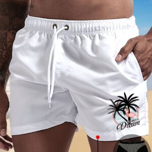 Men'S Flamingo Print Swim Trunks with Elastic Drawstring Waist - Lightweight Beach Shorts for Surfing, Gym, Pool & Summer Vacation - Durable Quick-Dry Fabric, Non-Stick Design, Multiple Pockets, Sporty Style, Vacation Shorts | Sporty Swimwear | Quickdry Material