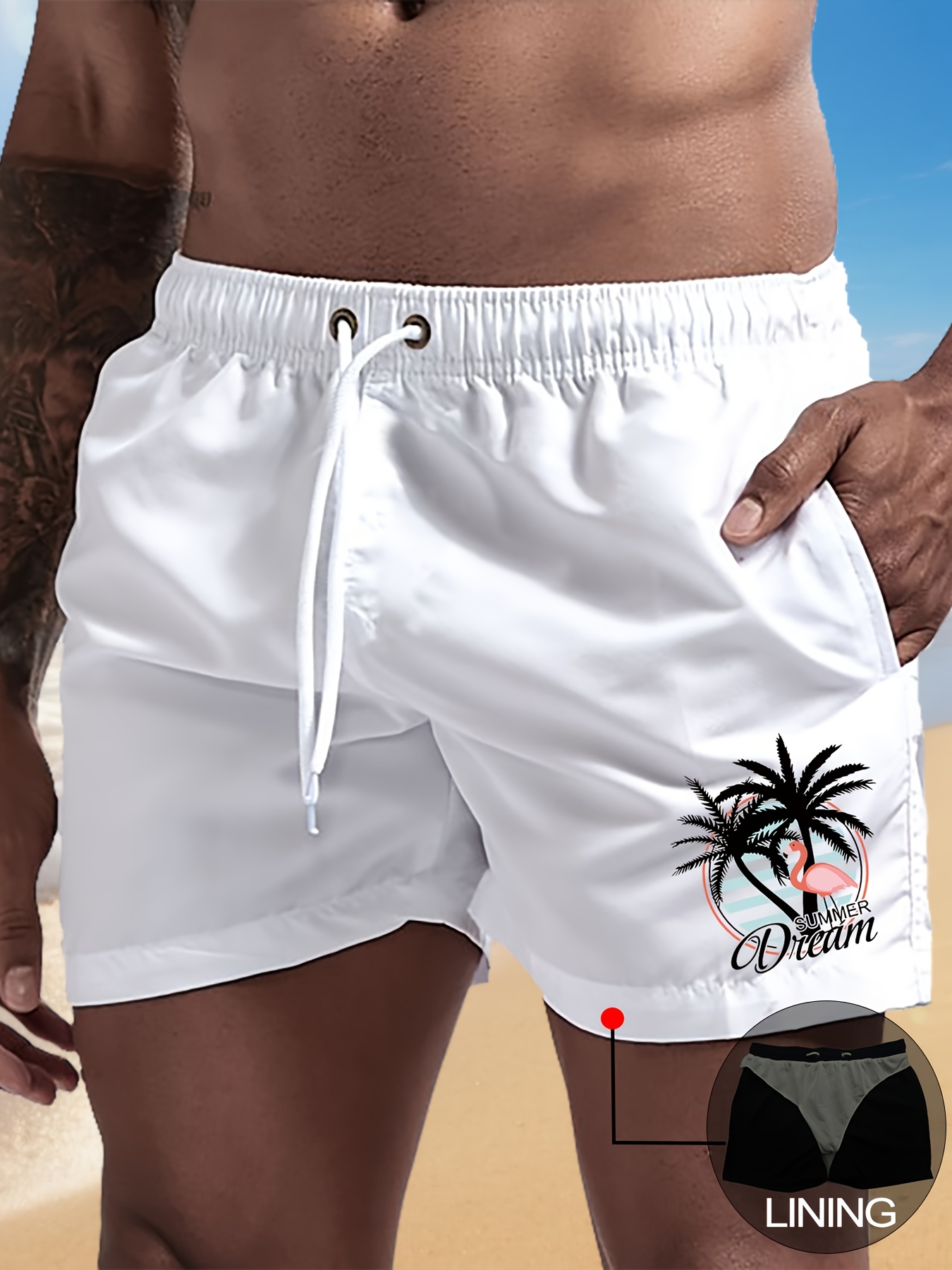 Men'S Flamingo Print Swim Trunks with Elastic Drawstring Waist - Lightweight Be…