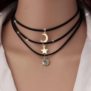 [3pcs Copper Choker] 3pcs Elegant Vintage Copper Celestial Choker Necklace Set | Sun, Moon, and Star Pendants, Cord Layered Neck Jewelry for Women, Versatile for Daily and Party Wear, All-Season Accessory