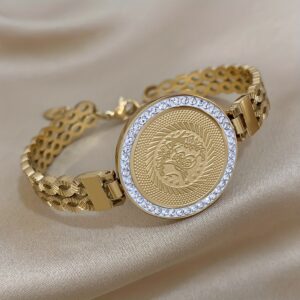 [New, 18K Gold Plated Bracelet] 18K Gold Plated Round Stainless Steel Hollowed Out Bracelet with Rhinestones