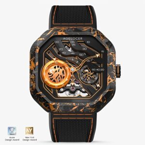Agelocer Original Volcano Series Watch for Men - Carbon Fiber Case, Square Luxury Skeleton Automatic Mechanical Watch, Perfect Birthday Gift