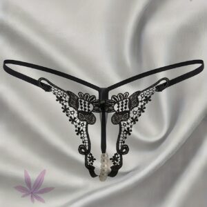 Pearl-Embellished Sexy Open-Crotch Thong, Transparent Lace Women'S Underwear, Enticing And Seductive.