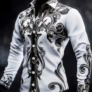 Men'S Baroque Style Long-Sleeve Shirt Featuring Intricate Black And White Swirl Patterns - a Paisley Casual Dress Shirt for Men.