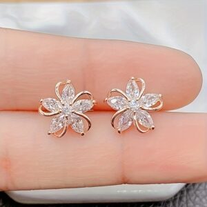 Women's Cubic Flower Stud Earrings - Elegant Vintage -Looking Flower Jewelry, Color CZ Gemstones, Daily Wear & Valentine's Gift, Year-Round Wedding/Birthdays/Special Events, Affordable Luxury Flower Earrings