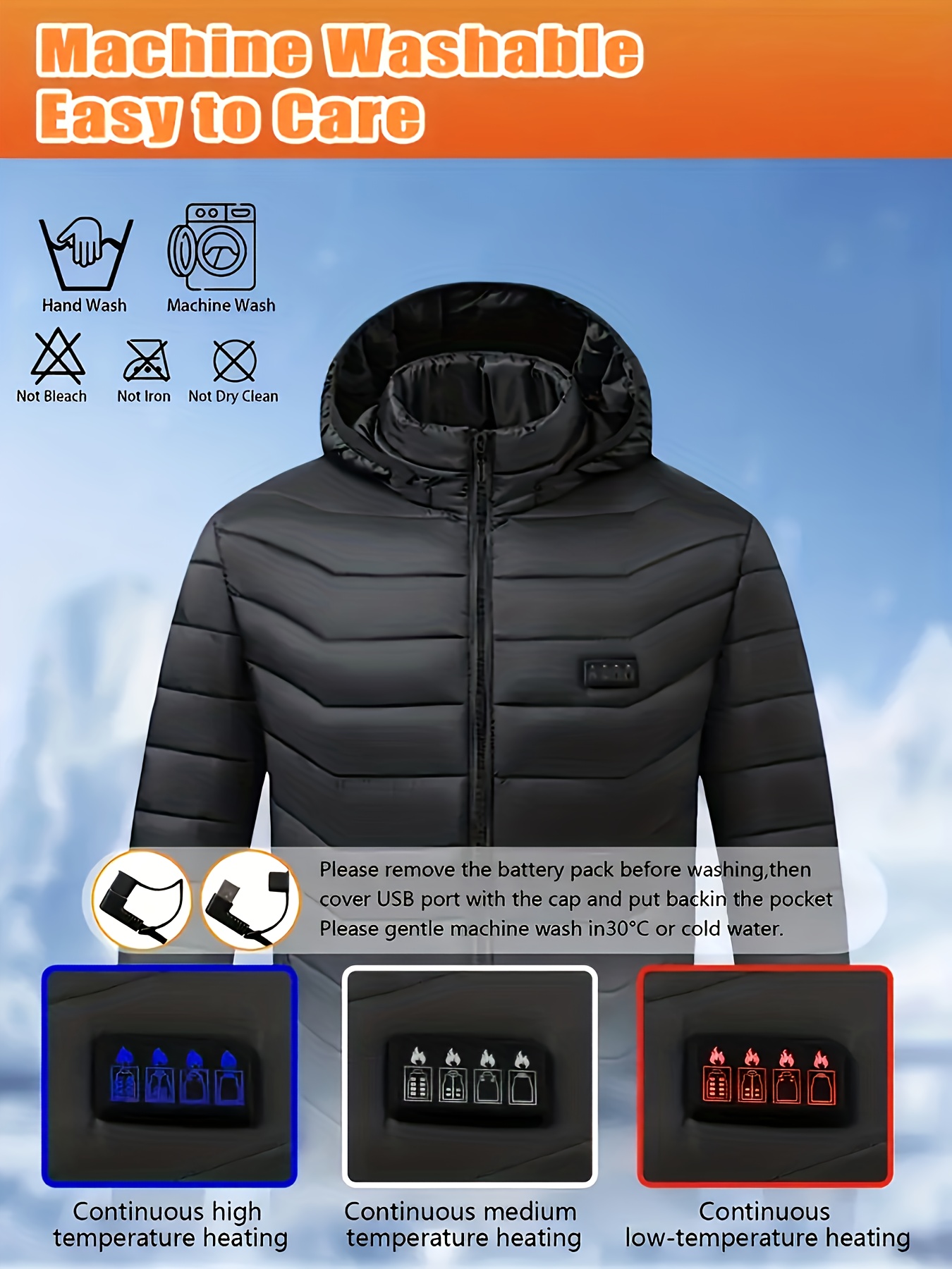 Men'S Winter Jacket, Smart Heated Jacket for Men, Adjustable Temperature Control in Size 36, Fitted Hooded Winter Coat, Battery-Powered (Compatible with Smart Banks/Power Banks) - Machine Washable Fabric, Suitable for Outdoor Activities And Casual W - Image 3