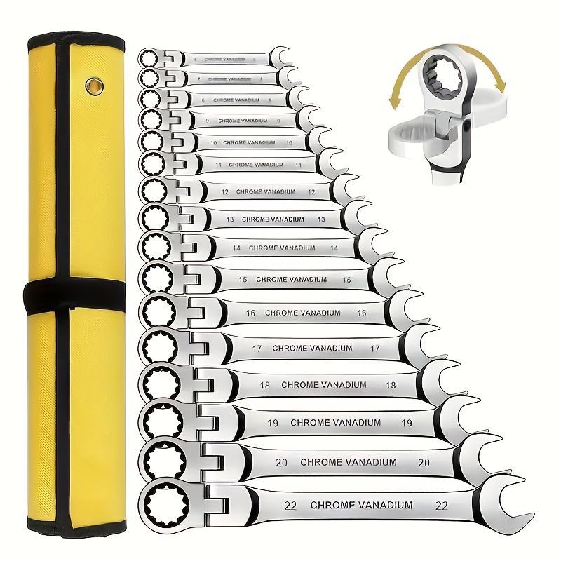 16pcs Adjustable Head Wrench Set: Combo Ends, Cr-V Steel Sockets, Flexible-head 72-tooth Double-ended Ratchets (6-26mm). with Rolling Bag, Ideal for Home/auto/mechanical Use, Daily Use & Gifting-Easy to Store/carry.
