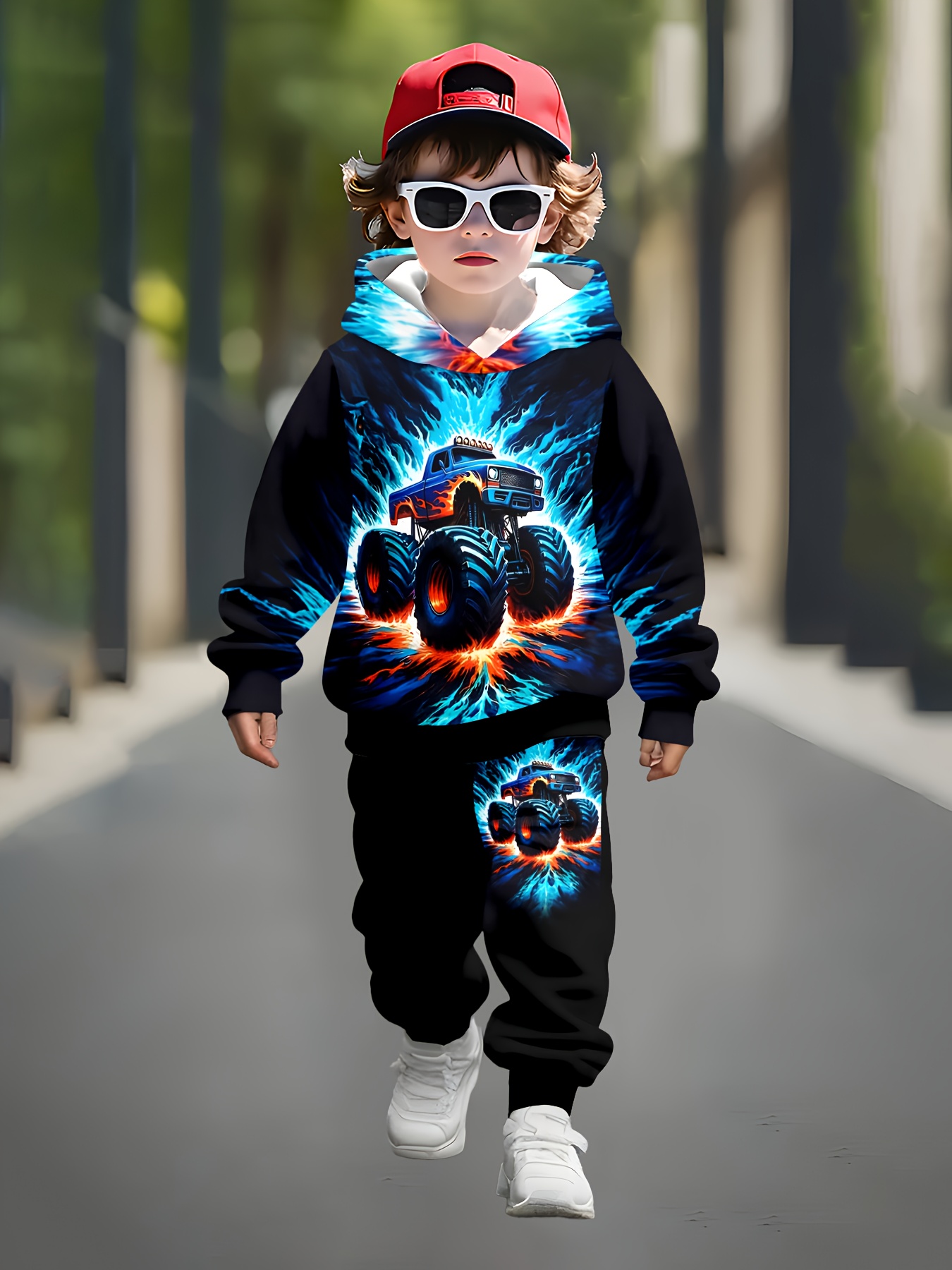 Boys' 3D Print Hoodie & Jogger Set - Vibrant Racing Car Design, Long Sleeve Pullover with Hood, Casual Spring/Fall Outfit, White Sneakers, Perfect for Outdoor Play, Boy Hoodie, Playful Graphic Hoodie, Comfortable Fit Hoodie, for Outdoor, Clothes, Sweater, Sports Suit For Boy, Boy Tracksuit Set, Suit For Boys In Autumn - Image 2