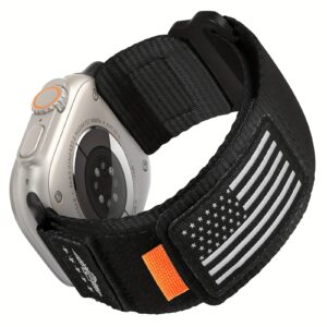Rugged Nylon for apple Watch Band Compatible with Series 10/9/8/7/SE/6/5/4/3 & Ultra 2/1, 49mm/46mm/45mm/44mm - Adjustable Sport Loop Strap with USA Flag Design, Durable Black Replacement Wristband for Men & Women, Smartwatch Accessory, Patriotic Accessory, Secure Fit Strap, Connected Watch Bracelet