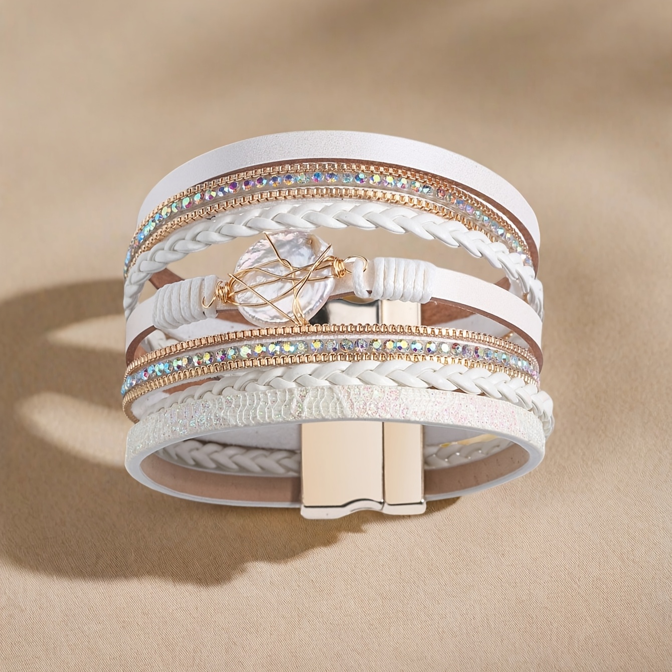 1pc Women's Bohemian Braided Bracelet with -Plated Zinc Alloy & PU Leather Wrist - Handwoven Tone Beads for Daily Wear, Gift, Year-Round Elegant Wrist Accessory (Handwoven Suitable for Women) - Image 3