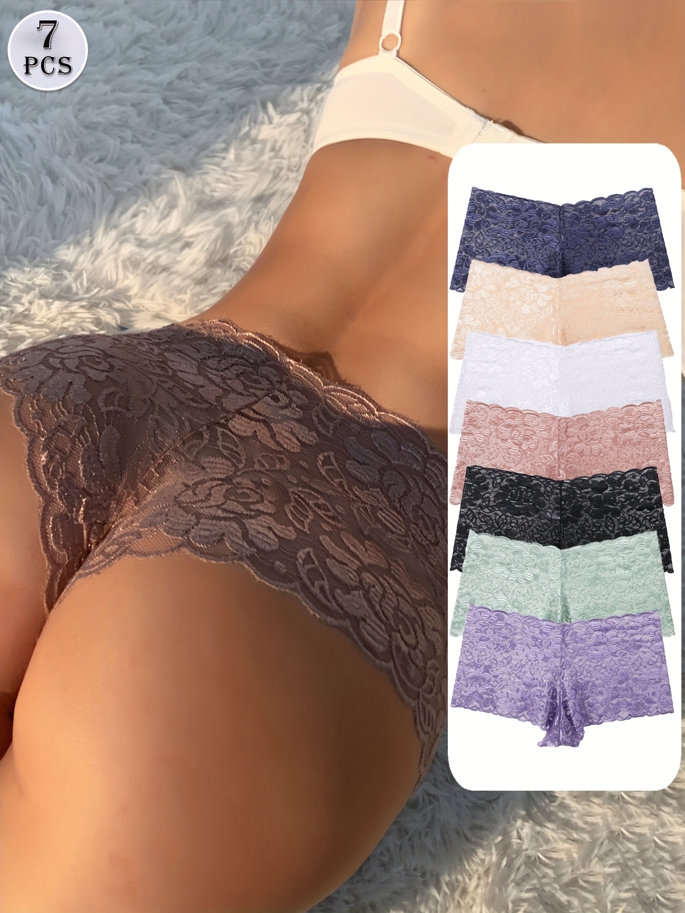 [Sexy Lace Underwear] 7pcs Women's Sexy Lace Underwear | Low-Rise Semi-Sheer Me…
