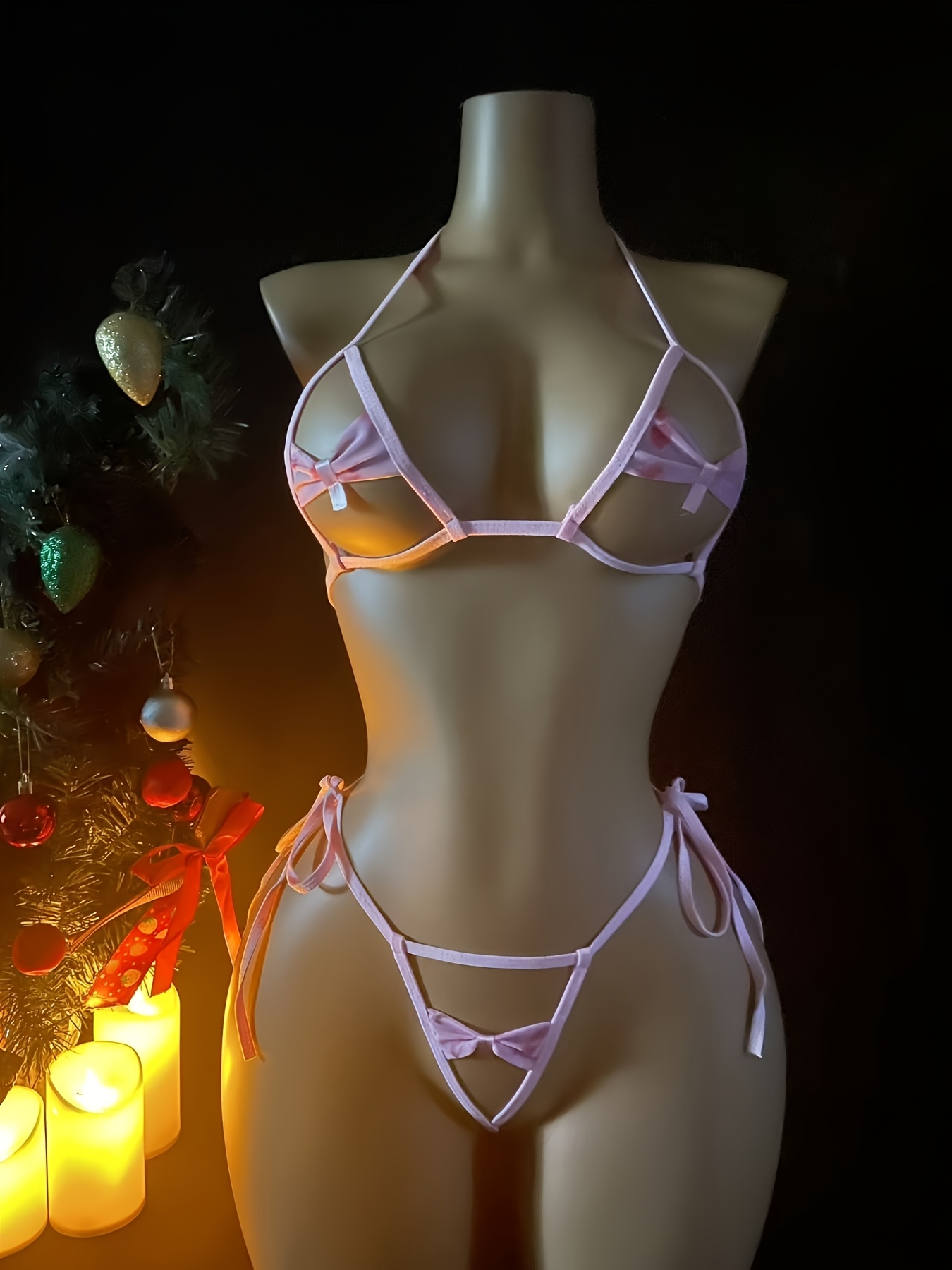 Sexy Lace-Up Bikini with Bow Tie, Adjustable Pink Set for Christmas New Year Valentine's Day in Random Print