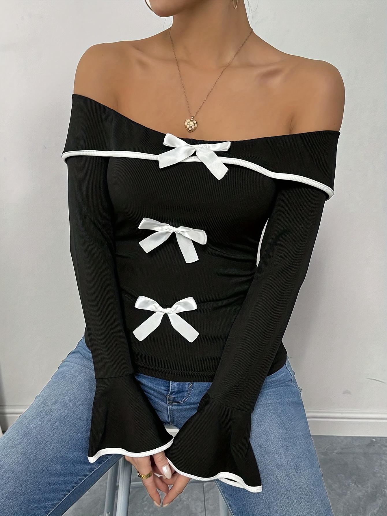 Women's Blouse, Elegant Bow Accent Collar, Short Sleeve Top with Black & White Pinstripe-like Strap, Wrinkle-Resistant All-Season Shirt, Machine Washable, for Office, Party & Casual Wear - Image 4