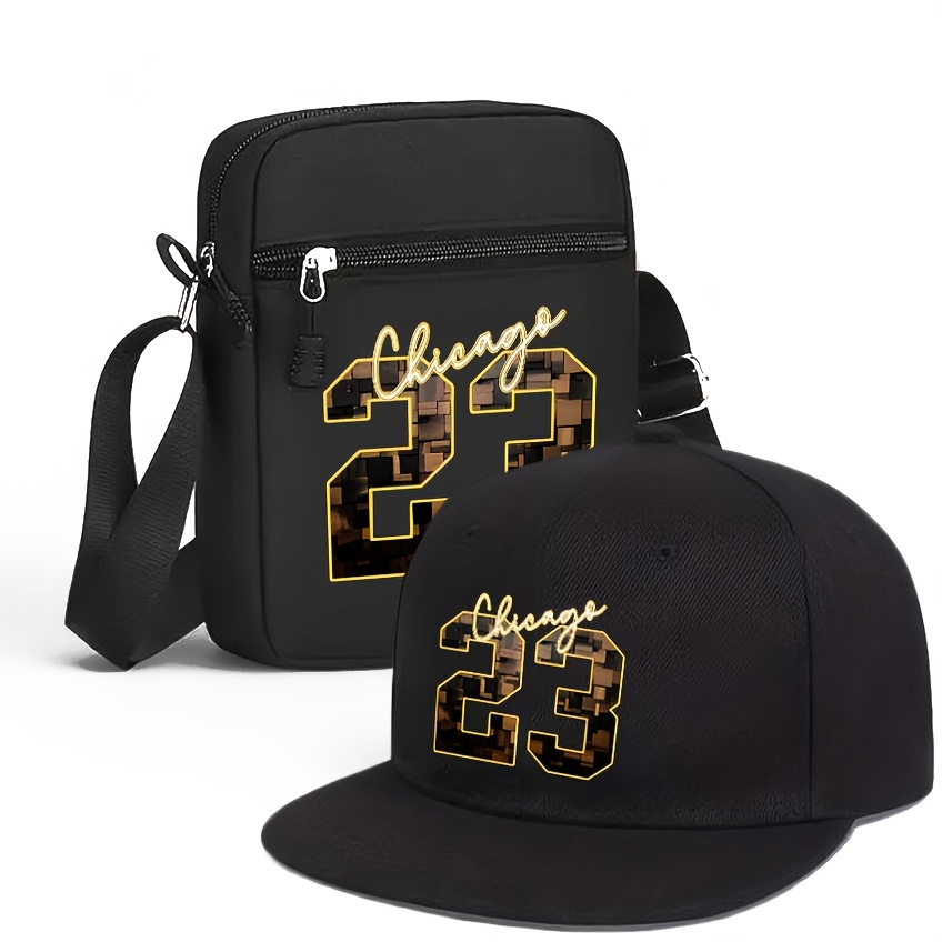 2pcs Chicago 23 Golden Print Baseball Cap & Crossbody Bag Set - Adjustable Snapback Hat with Black Mesh Back, Streetwear Style for Outdoor Sports, Casual Wear - Perfect Gift for Men, Chicago 23 Logo, Mesh Back Hat, Urban Fashion Accessory, Durable Zipper Bag - Image 3