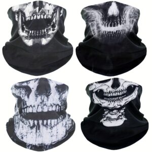 4pcs Black Skull Pattern Neck Warmer, Windproof Face Mask, Neck Tube, Headband, . for Halloween Clown Costumes, Festival Performances, Atmosphere Props. Suitable for Outdoor Sports, Motorcycle Riding. Holiday Gift.